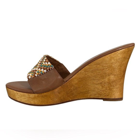 Anne Klein Beaded Plateform Wood Wedge Sandals Sz 10 - Picture 3 of 13